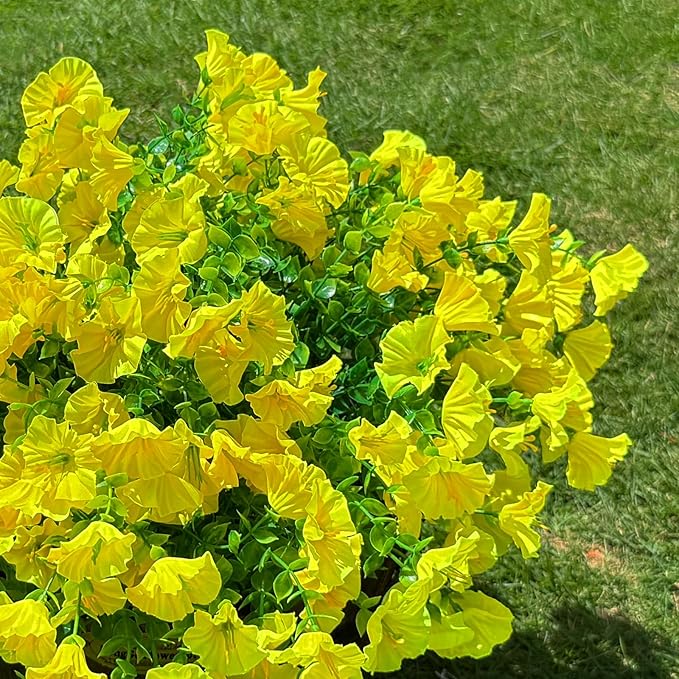 10 Bundles Artificial Flowers for Outdoor,UV Resistant Fake Petunia Flowers,Faux Plants for Outside Hanging Planters,Artificial Plants for Indoor Porch Garden Home Wedding Decor(Yellow)
