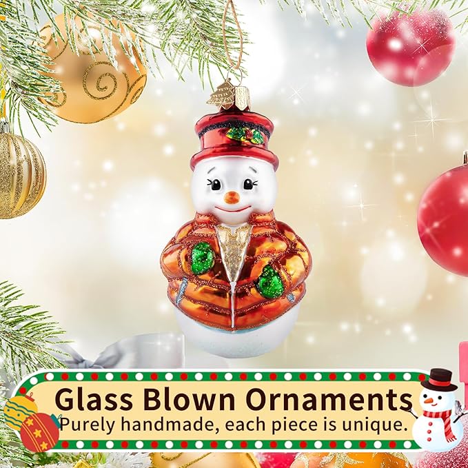 Snowman Christmas Ornaments,Blown Glass Ornaments for Christmas Tree,Leaf Hat Snowman Collection Figurine Hanging Ornament,Christmas Decorations for Xmas Tree Birthday Party Home Gifts