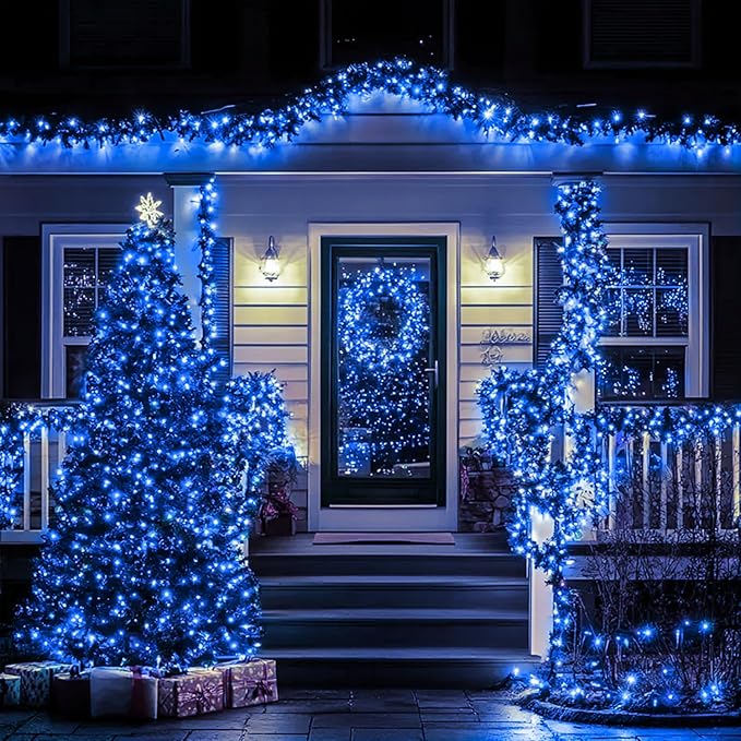 Nisocy 66FT 200 LED Blue String Lights with Green Wire, Waterproof Seasonal Fairy Lights with 8 Modes, Indoor Outdoor Decorative Lighting for Christmas Tree, Party, Garden, Patio