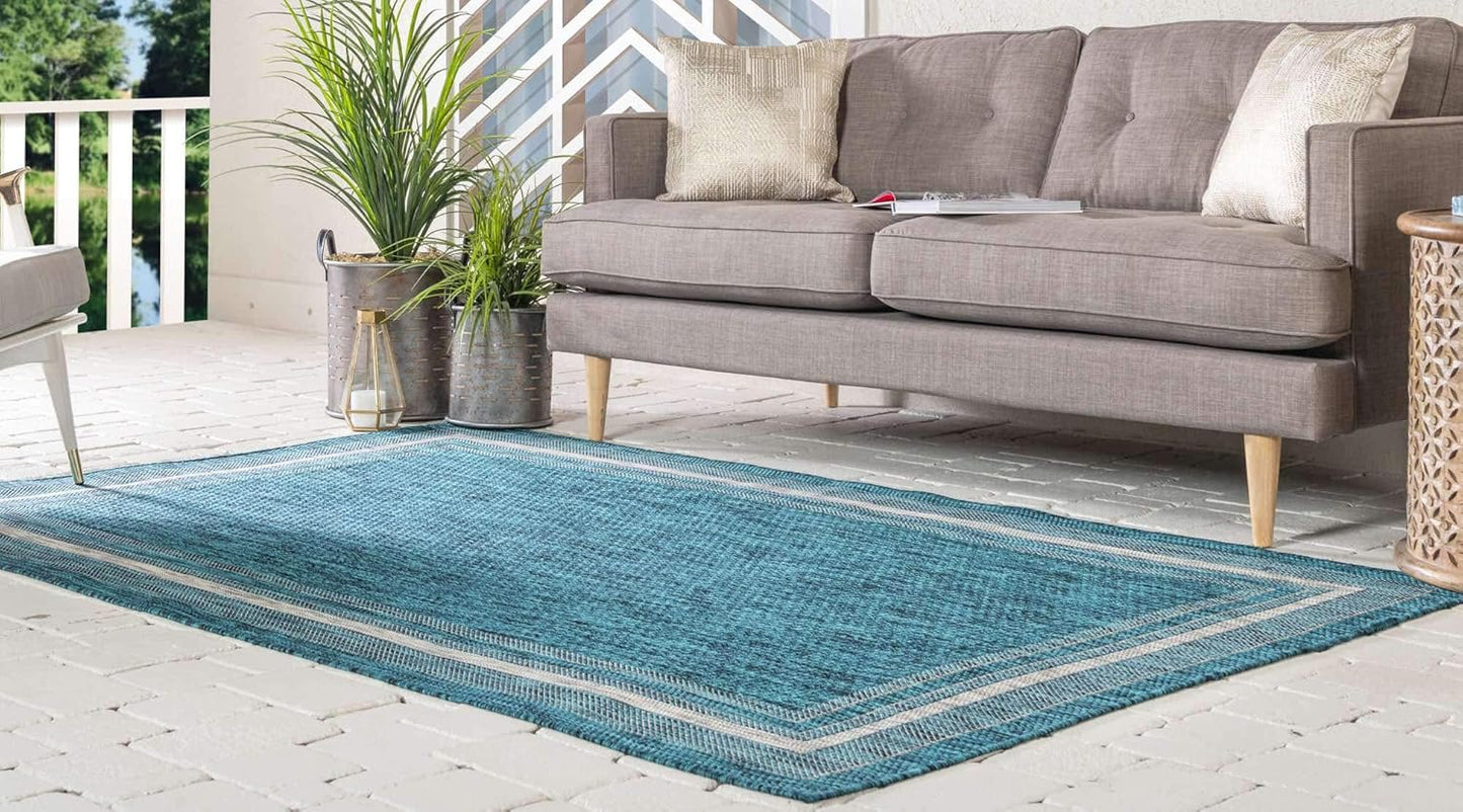 Unique Loom Outdoor Border Collection Area Rug - Soft Border (8'x 11' 4" Rectangle, Teal/ Ivory)