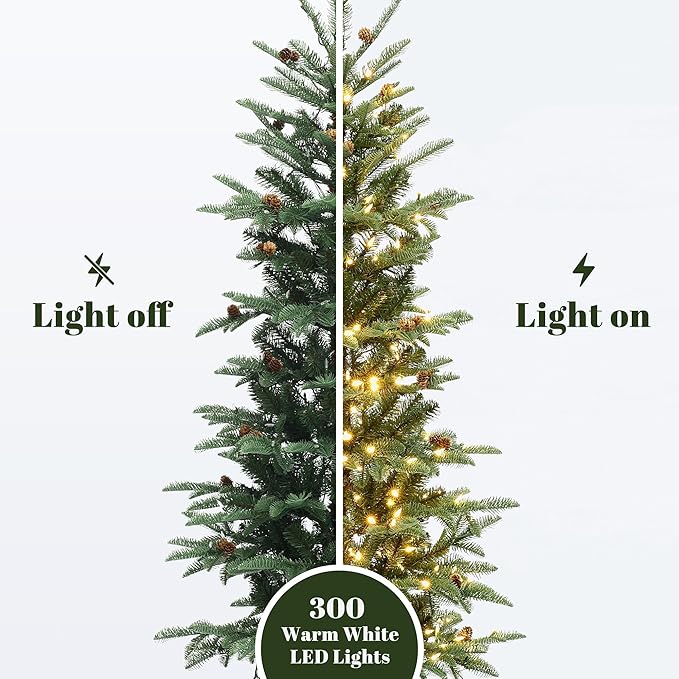 LuxenHome 5FT Potted Christmas Trees, Small Christmas Tree with 300 Warm White LED Lights, Slim Christmas Tree Pre-lit with Pine Cone and Brown Square Base, Artificial Trees for Holiday Decorations