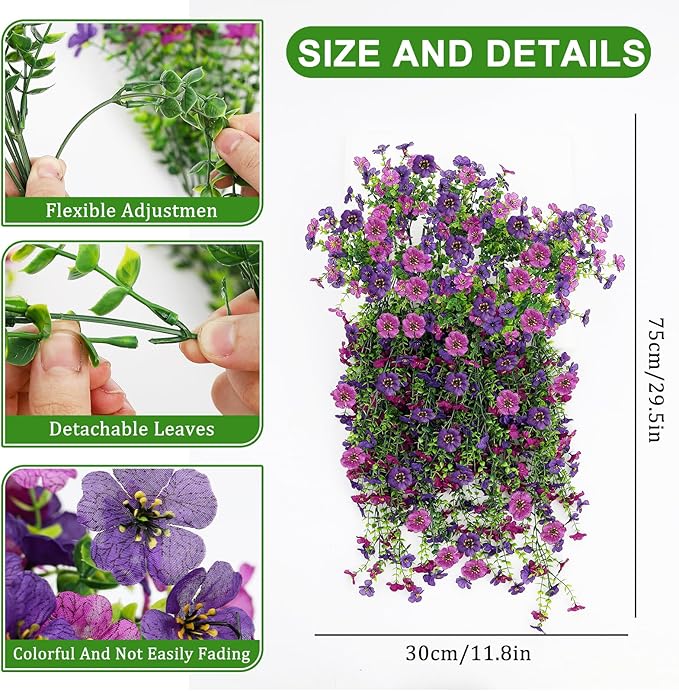 Artificial Flowers for Outdoors 6PCS，All Weather Fade Proof, UV Resistant Waterproof Realistic Faux Silk Mums Daisies Double Purple for Hanging Planters Porch Patio Balcony Deck Fence Garden Decor