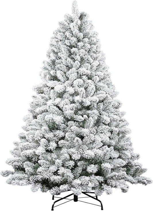 7ft White Artificial Christmas Tree with Snow Flocked Branches, Realistic Full Shape Xmas Tree with Sturdy Metal Stand for Indoor Holiday Decoration
