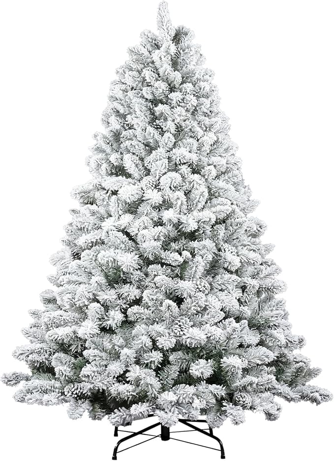 6ft White Artificial Christmas Tree with Snow Flocked Branches, Realistic Full Shape Xmas Tree with Sturdy Metal Stand for Indoor Holiday Decoration