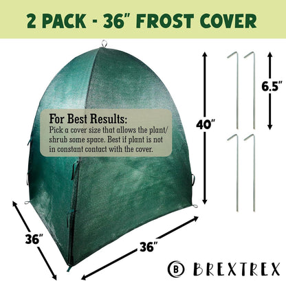 Winter Plant Cover Freeze Protection Tents 2 Pack-Protect Shrubs from Snow, Frost, Animals, Freezing Temperatures - Complete with Soft Garden Ties (36" x 36" x 40", 2 Pack, green with stakes)