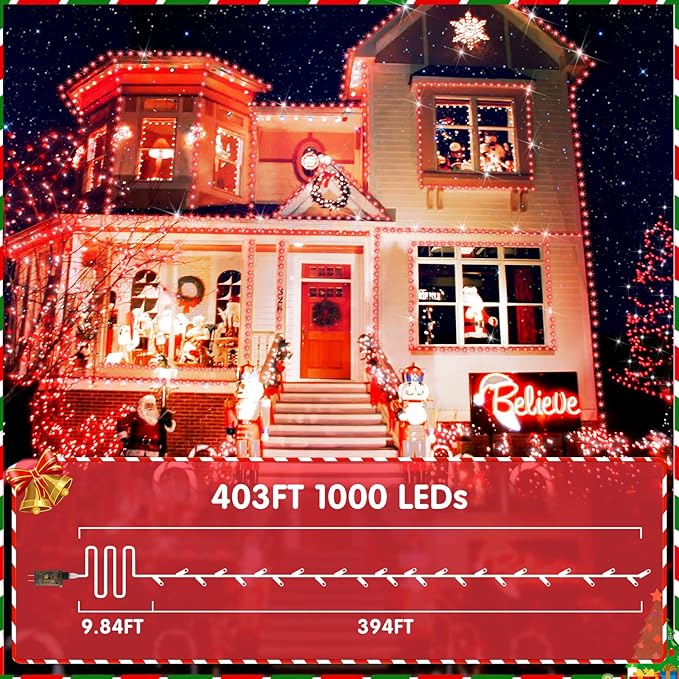 XURISEN 403FT 1000 LED Christmas Lights Outdoor Green Wire String Lights 8 Modes with Timer Memory Waterproof Fairy Light Plug in for Xmas Tree Wedding Yard Party Holiday Decorations(Red)