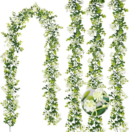 6FT Eucalyptus Garland with Flowers, 4 Pack Greenery Hanging Faux Eucalyptus Garland Suitable for Table Wedding Backdrop Arch Wall Party Thanksgiving UV Protected Indoor Outdoor Decorations