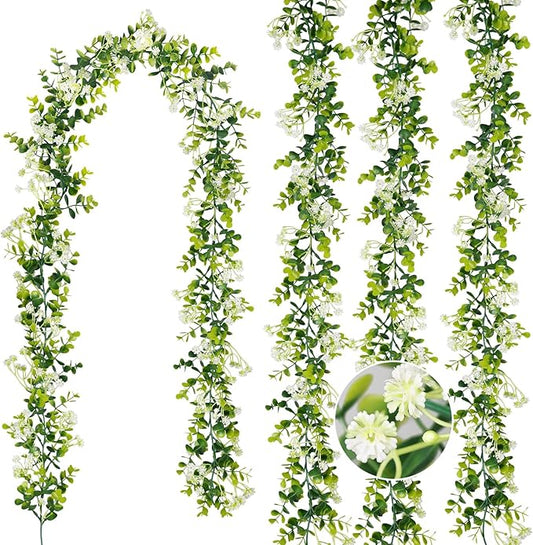6FT Eucalyptus Garland with Flowers, 4 Pack Greenery Hanging Faux Eucalyptus Garland Suitable for Table Wedding Backdrop Arch Wall Party Thanksgiving UV Protected Indoor Outdoor Decorations