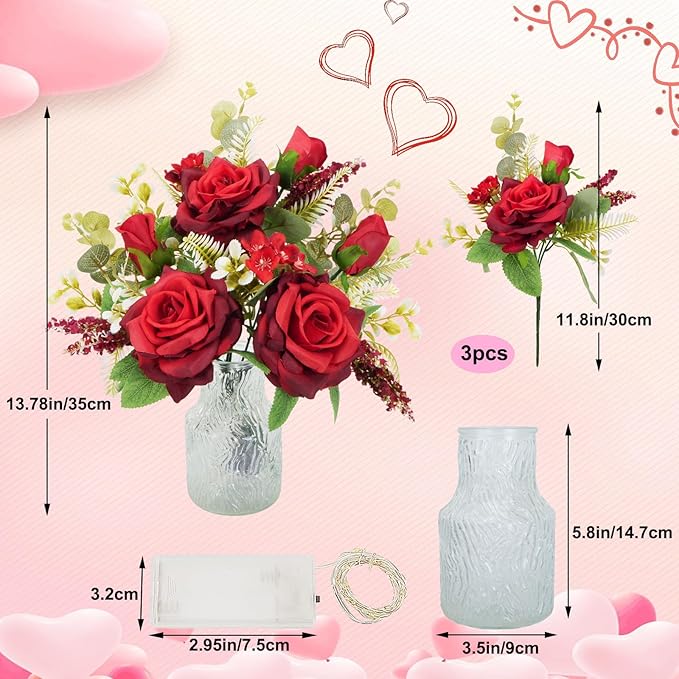 HUAESIN Artificial Flowers with Vase Valentine's Day Decorations Flowers Fake Roses Bouqets with LED Lights Silk Floral Arrangement Home Table Centerpieces Anniversary Wedding Party
