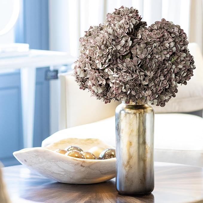 Artificial Flower Fake Silk Hydrangea Heads Bouquet with Stems Bulk for Fall Decoration Table Center Christmas Indoor Outdoor Faux Floral Realistic with Leaves Plants Crafts 8PCS(Brown)