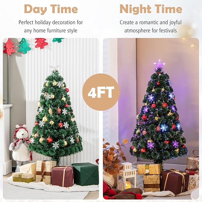 Goplus 4ft Pre-Lit Fiber Optic Christmas Tree, Artificial Xmas Full Tree with Colorful Snowflake LED Lights, 125 Branch Tips, Foldable Metal Base, for Office Home Holiday Decor