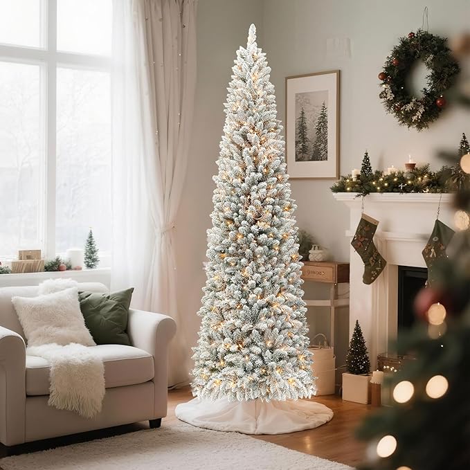 Pencil Prelit Christmas Tree 6ft - Skinny Flocked Artificial Christmas Tree with 210 Warm White Lights, 648 Snowy PVC Branch Tips, Slim Holiday Tree Decoration for Xmas - White