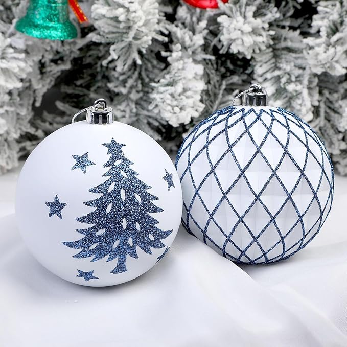 SHareconn 100MM/4 Inch 9PCS Large Christmas Balls Ornaments, Shatterproof Plastic Hanging Big Baubles Set for Xmas Tree Decoration Holiday Party Wedding Decorations with Hook, Blue and White