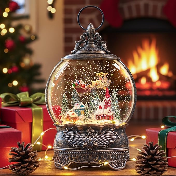 Christmas Snow Globe Lantern with Santa Claus is Coming in his Sleigh!Lighted Swirling Glittering Snow Globes with Music & Timer, Christmas Decorations for Home Tabletop Indoor Gifts
