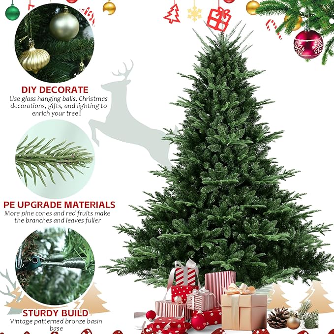 8FT Christmas Tree Simulate Nature Advanced Materials Premium Hinged Blue Spruce Artificial Douglas Firs Tree，Christmas Holiday Party Atmosphere Decoration New Year Celebration Xmas Tree