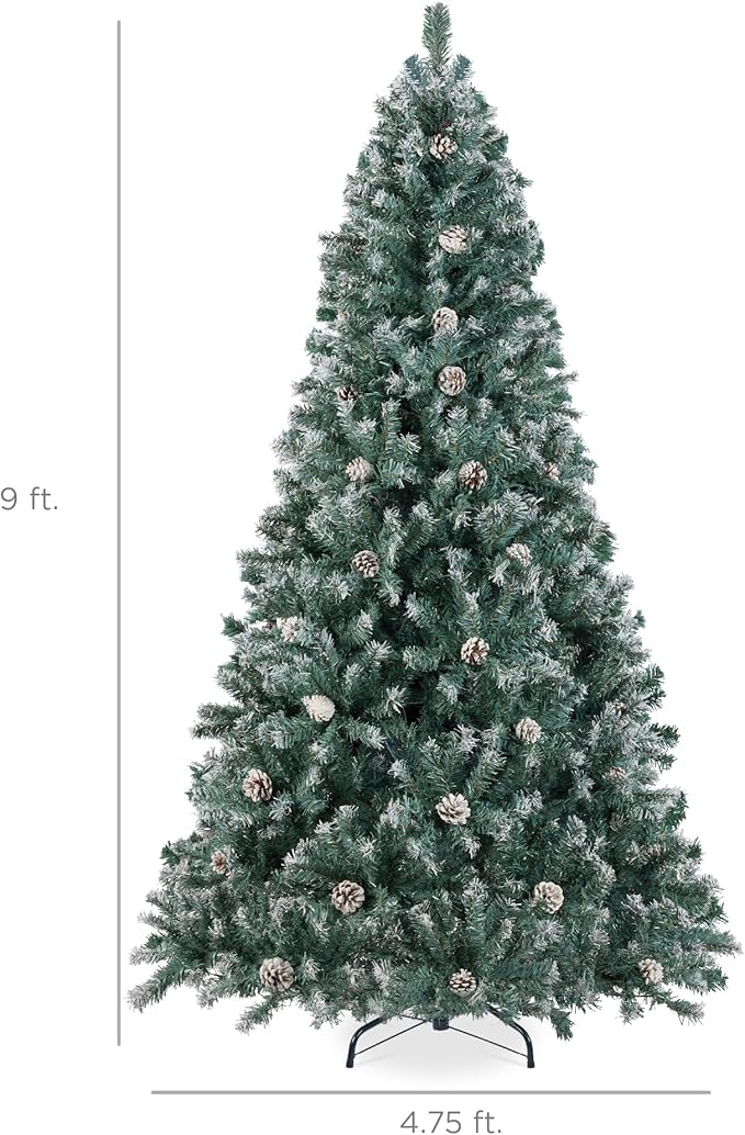 Best Choice Products 9ft Pre-Decorated Holiday Christmas Tree for Home, Office, Party w/2,028 Tips, Partially Flocked, Pinecones, Base – Blue Spruce
