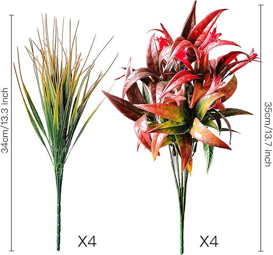 8 Bundles Artificial Plants Bushes Outdoor UV Resistant Fake Flowers Grass Bulk Faux Plastic Greenery for Fall Winter Summer Outside Window Box Planter Front Porch Yard Floral Arrangements