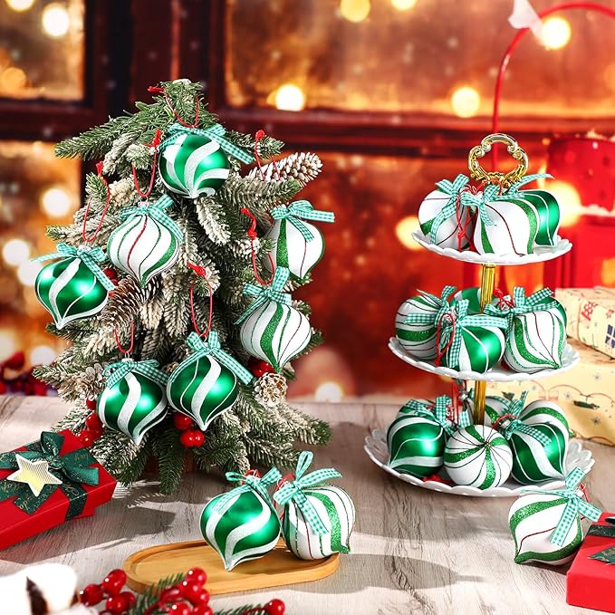 Syhood 24 Pcs Christmas Tree Ornaments, Christmas Ball Decorations Set, Shatterproof Baubles Xmas Tree Hanging Decor, Peppermint Candy Ball Red White Green Stripes Party Holiday(Cute,2.56 Inches)