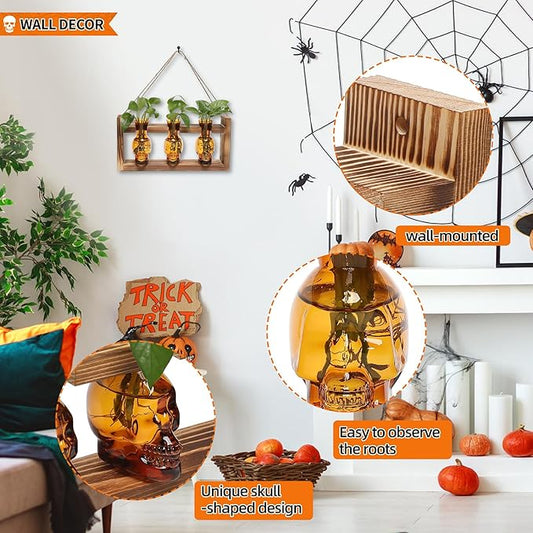 Plant Terrarium Propagation Stations Hydroponics Halloween Skull Planter Vase Skulls Decor with Wooden Stand Gift for Father