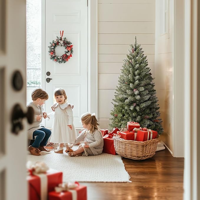 Christmas Tree, 4FT Tabletop Christmas Tree with 100 Colorful Lights & Pine Cones, Small Tree with Cloth Bag Base Prelit Christmas Artificial Decorative for Outdoor Indoor