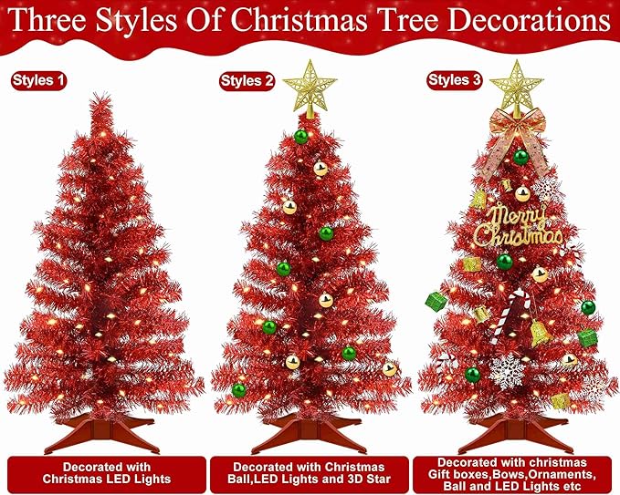 Valentines Day Decorations 3 FT Artificial Valentines Christmas Tree,Tabletop Small Christmas Tree with 50 Warm White & Multicolor Changing Lights Timer 8 Modes DIY Ball Ornaments Holiday Decoration