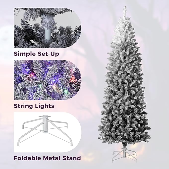GAOMON 6Ft Prelit Black Christmas Tree with Lights Slim Artificial Halloween Christmas Tree Artificial Pencil Tree Automatic Branches for Home, Office, Party Decoration, White & Black Gradient