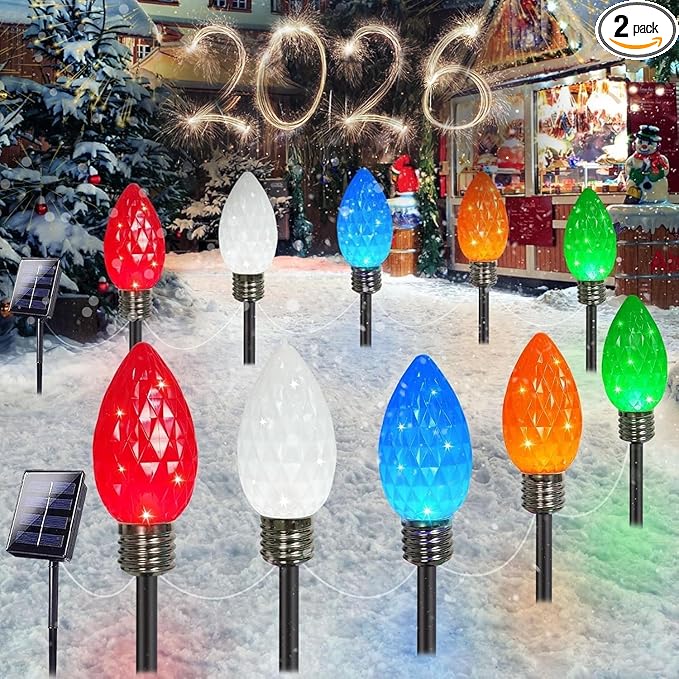 IDEAALS 10 Pack Jumbo Multicolor Solar C9 Christmas Lights Outdoor，LED Solar Pathway Lights Waterproof, Strawberry Light Christmas Decorations Outdoor for Walkway Party Patio Garden Lawn Yard Decor