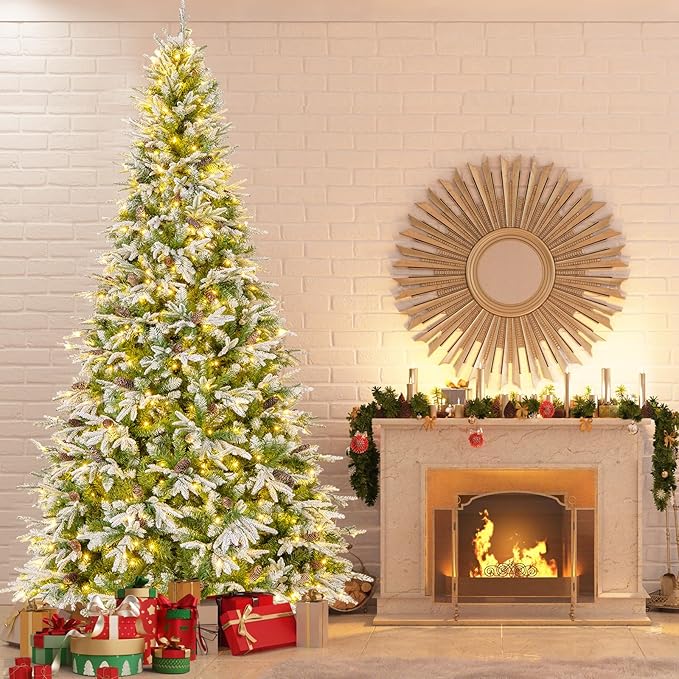 Goplus 9 FT Pre-Lit Artificial Christmas Tree, Snow Flocked Hinged Xmas Tree with 690 Warm-White LED Lights, 1871 Tips, 117 Pine Cones, Lighted Xmas Tree for Office Home Decoration