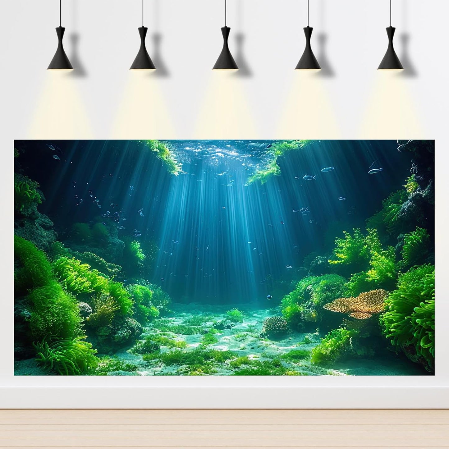 Aquarium Background Aquatic Plants Soft Algae Terrarium Backdrop Underwater World Fish Rock with Moss Sunlight Rays Fish Tank Background Aquarium Wallpaper Poster Decor Vinyl 30x18in