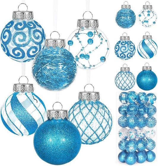Ouddy Decor 36 Pcs Clear Christmas Ball Ornaments, 2.36" Shatterproof Blue Plastic Christmas Ornaments Set Decorative Hanging Transparent Baubles for Xmas Tree Holiday Party Decor, Blue