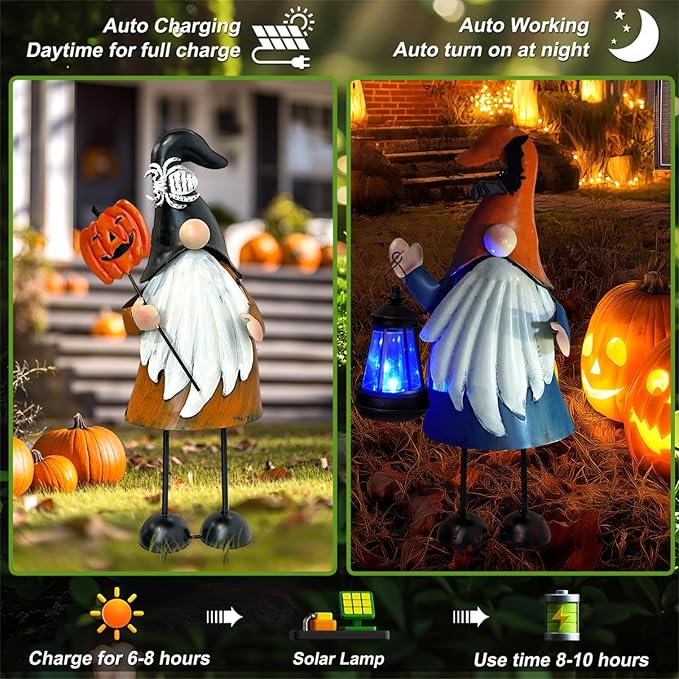 HONGLAND Halloween Decorations Outdoor Solar Gnomes with LED Lantern, Gnomes Metal Yard Art Halloween Outdoor Decor Patio Holiday Gardening Gifts for Mom Women