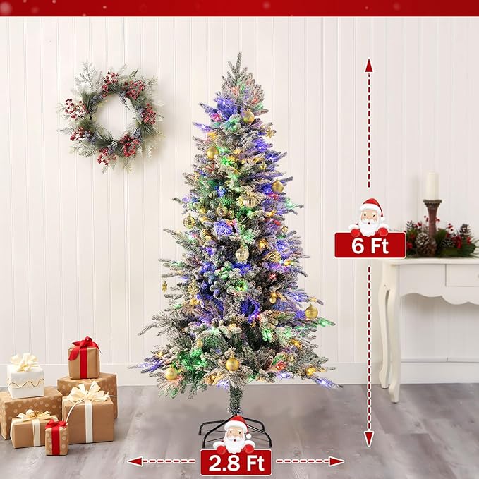 6ft Prelit Artificial Christmas Tree with 200 Multi-Color LED, 4 Color 8 Mode, Flocked Hinged Xmas Tree with 1000 Realistic Branches & Pinecones, Easy Assembly for Home Holiday Decoration