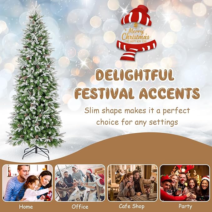 GOFLAME 7.5 FT Pre-Lit Pencil Christmas Tree Snow Flocked, Slim Artificial Xmas Tree with 913 Branch Tips, 350 LED Lights, 75 Natural Pine Cones, Hinged Holiday Decoration Tree for Home Office