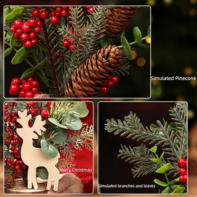 2-Pack Pre-Decorated Mini Christmas Trees: Artificial Tabletop Trees w/Pine Cone & Berry Ornaments - Home, Party, Indoor/Outdoor Holiday Decor