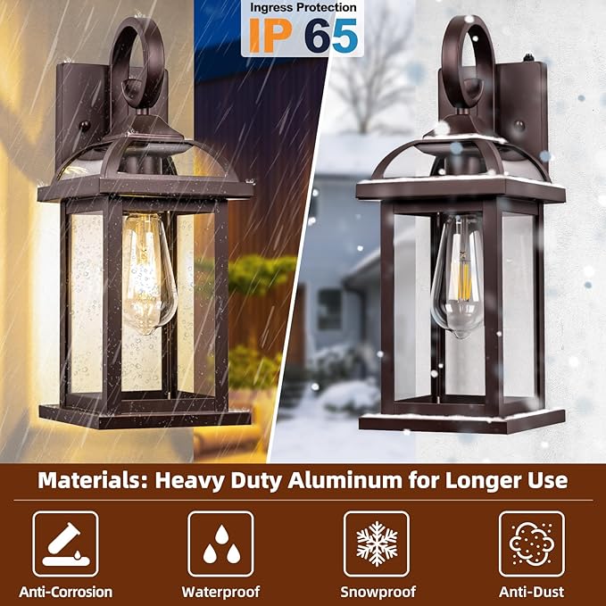 Dusk to Dawn Outdoor Lighting Oil Rubbed Bronze 2-Pack, 15 Inch Aluminum Anti-Rust Front Porch Lights with IP65 Clear Tempered Glass Exterior Light Fixtures for House Brown Carriage Lights