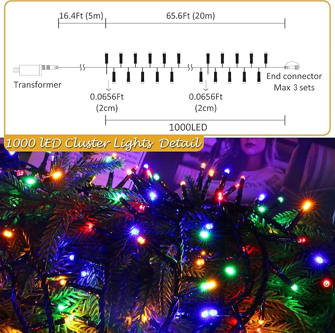 AWQ 1000 LED 82 FT Christmas Cluster Lights, Multi & Warm String Lights Plug in with 11 Modes, Timer & Memory Function Extendable for Indoor Outdoor Wedding Party Christmas Decoration (1000)