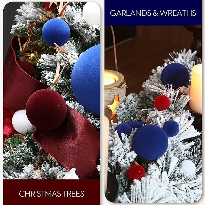 Sea Team 25-Pack Flocked Velvet Christmas Tree Ball Ornaments Set, Hanging Velour Baubles, Shatterproof Plastic Decorations for Xmas Tree, Wreath, Garland, 60mm/2.36 Inches, Burgundy