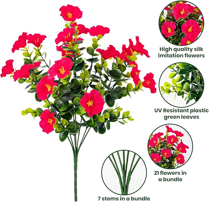 Artificial Faux Flowers for Outdoor 16 Bundles Boxwood Fake Morning Glory for Planter,UV Resistant Fake Flowers for Home Porch Patio Outside（4 Color）