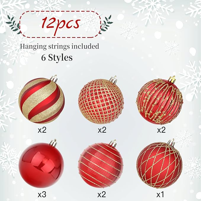 SHareconn 80mm Christmas Balls Ornaments,12PCS Colored Shatterproof Plastic Decorative Hanging Tree Decorations Baubles Set for Xmas Tree Decor Holiday Party Wedding Decoration with Lanyard,Red & Gold