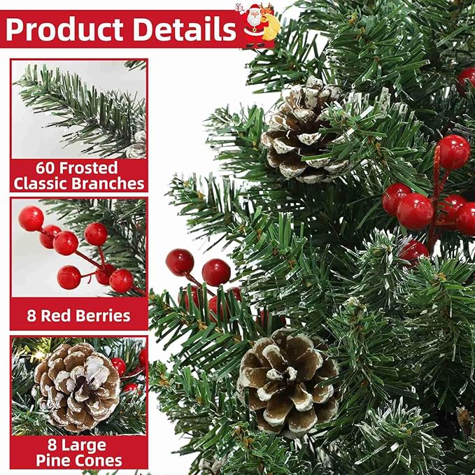 22 Inch Tabletop Christmas Tree with Lights Timer, Snowy Artificial Small Christmas Trees Battery Operated 30 Warm Lights Red Berries Pine Cone Stable Base Mini Tree Xmas Decorations Indoor Holiday
