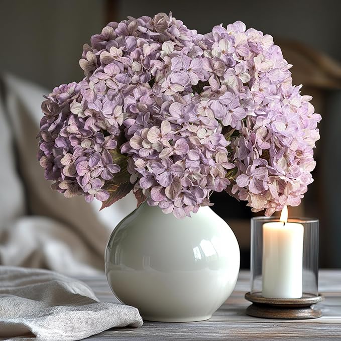 Artificial Flower Fake Silk Hydrangea Heads Bouquet With Stems Bulk for Fall Decoration Table Center Christmas Indoor Outdoor Faux Floral Realistic With Leaves Plants Crafts 8PCS(Pale Purple)