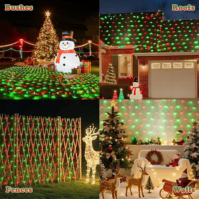 LitHome 14.8FT x 5FT Christmas Net Lights Outdoor, 300 LED Red Green Bush Lights with 8 Modes, Connectable Waterproof Net Mesh Light Dark Green Wire for Bushes Shrubs Outdoor Christmas Holiday Decor