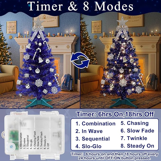 3 FT Artificial Small Christmas Tree Hanukkah Decor 50 Warm White & Multicolor Changing Lights Remote Control Timer 8 Modes DIY Ball Ornaments Christmas Tree for Tabletop,Home,Office,Indoor Holiday