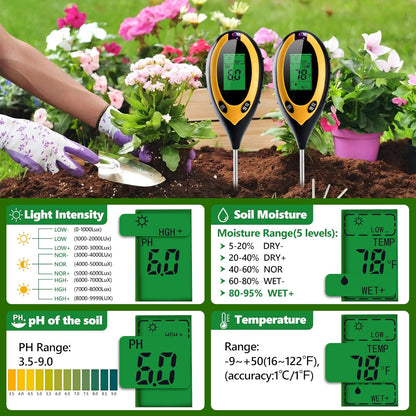 2 Pack 4-in-1 Soil pH Tester Digital, Soil pH/Water/Sunlight/Temp Moisture Meter for Indoor/Outdoor Plants, Backlight LCD Display Soil Thermometer Test Kit for Garden Nutrients