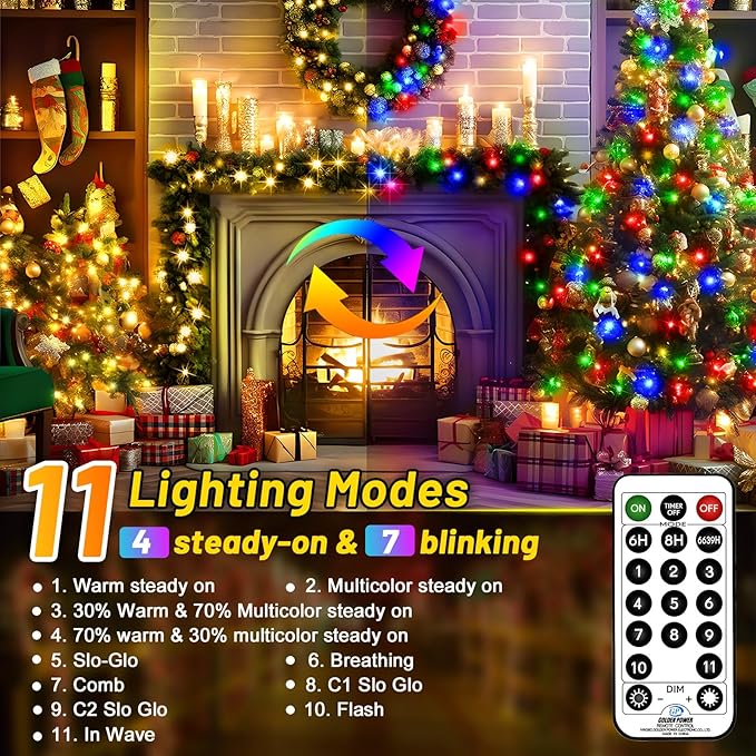 KNONEW 472FT 1200 Christmas Lights Outdoor Clear Wire Color Changing String Lights with 11 Modes & Timer Dimmable Fairy Light for Xmas Tree Roof Yard Wedding Decorations(Warm White to Multicolor)