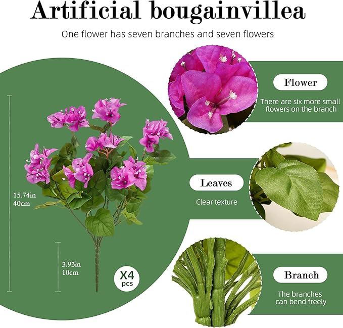 4 Pcs Artificial Flowers Bougainvillea Outdoor Artificial Plants Faux Flowers with Stems Silk Flowers for Wedding Porch Living Garden Decor(4PCS,Light Purple)