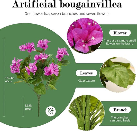 4 Pcs Artificial Flowers Bougainvillea Outdoor Artificial Plants Faux Flowers with Stems Silk Flowers for Wedding Porch Living Garden Decor(4PCS,Light Purple)