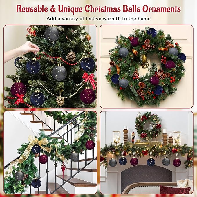 Christmas Tree Ornaments Velvet Balls - 12 Pcs Shatterproof Christmas Tree Hanging Bulbs Decorations Set for Holiday Party Xmas - Multicolor Rouge Blue Grey - 3.15 Inch (80mm)