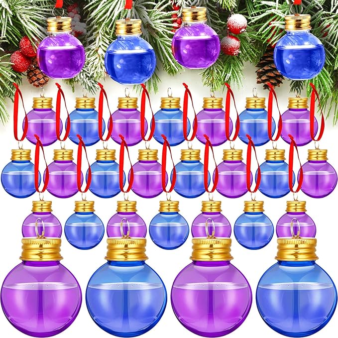 Patelai 24 Pcs Christmas Drink Balls Shot Glass Ornament Plastic Fillable Christmas Tree Ornaments Xmas Water Bottle Bulbs for Holiday Party Indoor Outdoor (Blue,Purple with Gold Lid)