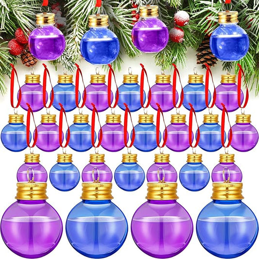 Patelai 24 Pcs Christmas Drink Balls Shot Glass Ornament Plastic Fillable Christmas Tree Ornaments Xmas Water Bottle Bulbs for Holiday Party Indoor Outdoor (Blue,Purple with Gold Lid)